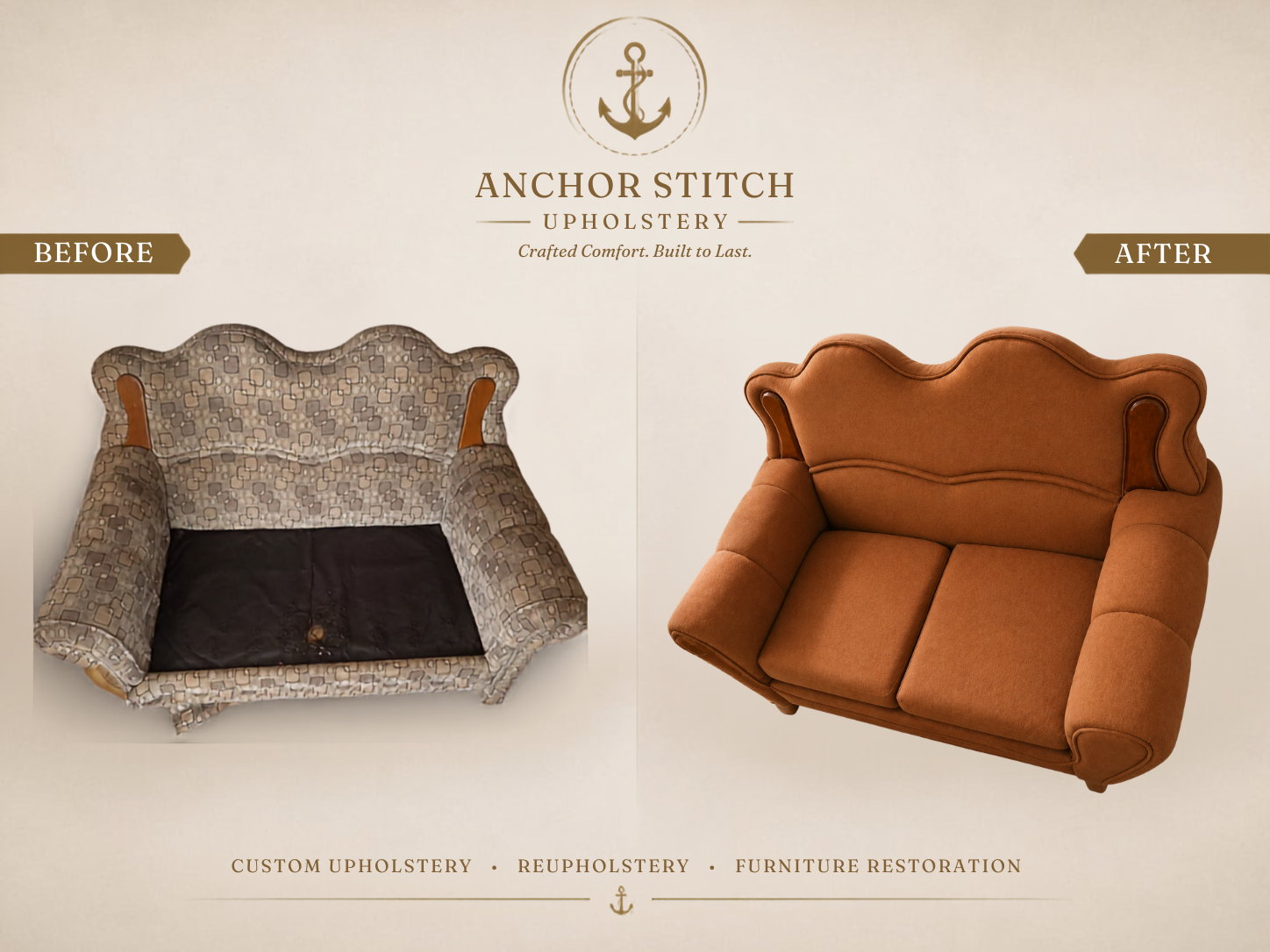 Before and after of the same loveseat: worn patterned fabric restored to fresh terracotta upholstery